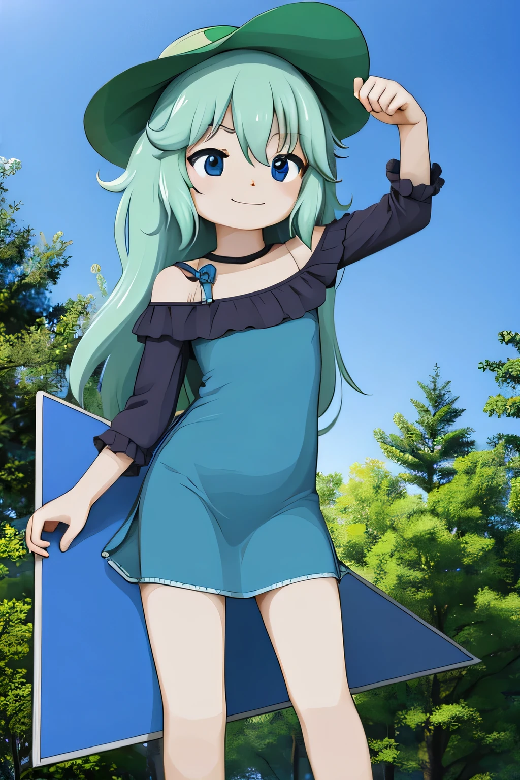 (((Flat board, Flat shading))), happy girl, centered, looking at the camera, approaching perfection, dynamic, (shades of blue and ((forest green 1.5))