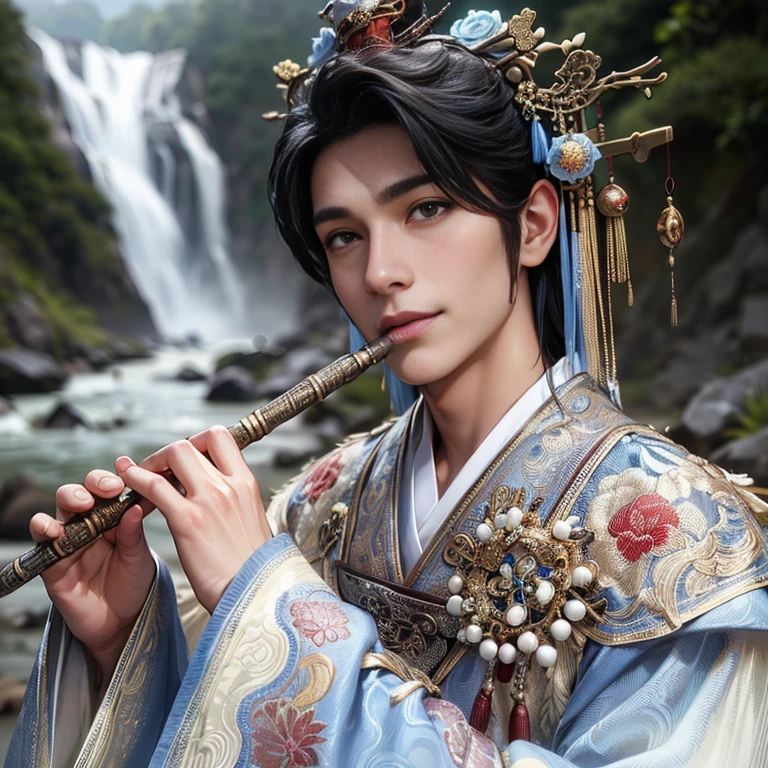 (Best Quality:1.2), (high resolution:1.2), (beautiful face and eye:1.2), (sharpest focus:1.2), (Ultra-realistic Photo:1.2), (Ultra-precise Photo:1.2), (Depth of field:1.2), (8k high resolution:1.2), (perfect anatomy:1.2), (nice hands:1.5),
(perfect hands:1.5), (Very young and masculine and dignified and beautiful Chinese male:1.5), (Beautiful nobleman:1.0), (A beautiful nobleman:1.0), (A shiny black hermit-like garment with fancy embroidery:1.0), (A gentle smile:1.3),
(Playing an iron flute:1.5), (A secluded hermit-like place deep in the mountains of China:1.0), (A mysterious fairyland:1.2), (Birds and animals gathered to listen to the sound of the flute:1.3), (Looking up angle:1.0),