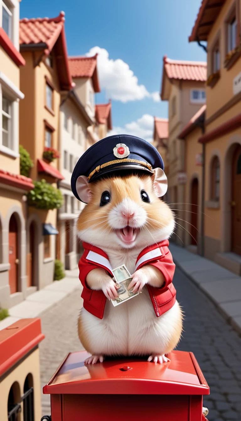 Hamster Post Office Worker,Delivering postcards to mailboxes at private residences,postal worker#39;clothing details,Postal Worker,Post Office Hat,Picture postcard,,happiness,background blur,city background,cute little,Furry hamsters,The cutest hamster,​Masterpiece,Advertising photography,fantasy,Hamster-sized city