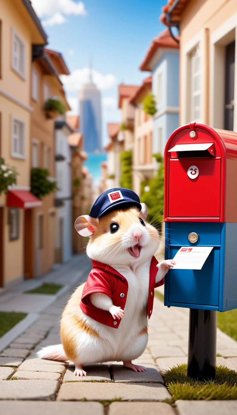 Hamster Post Office Worker,Delivering postcards to mailboxes at private residences,postal worker#39;clothing details,Postal Worker,Post Office Hat,Picture postcard,,happiness,background blur,city background,cute little,Furry hamsters,The cutest hamster,​Masterpiece,Advertising photography,fantasy,Hamster-sized city