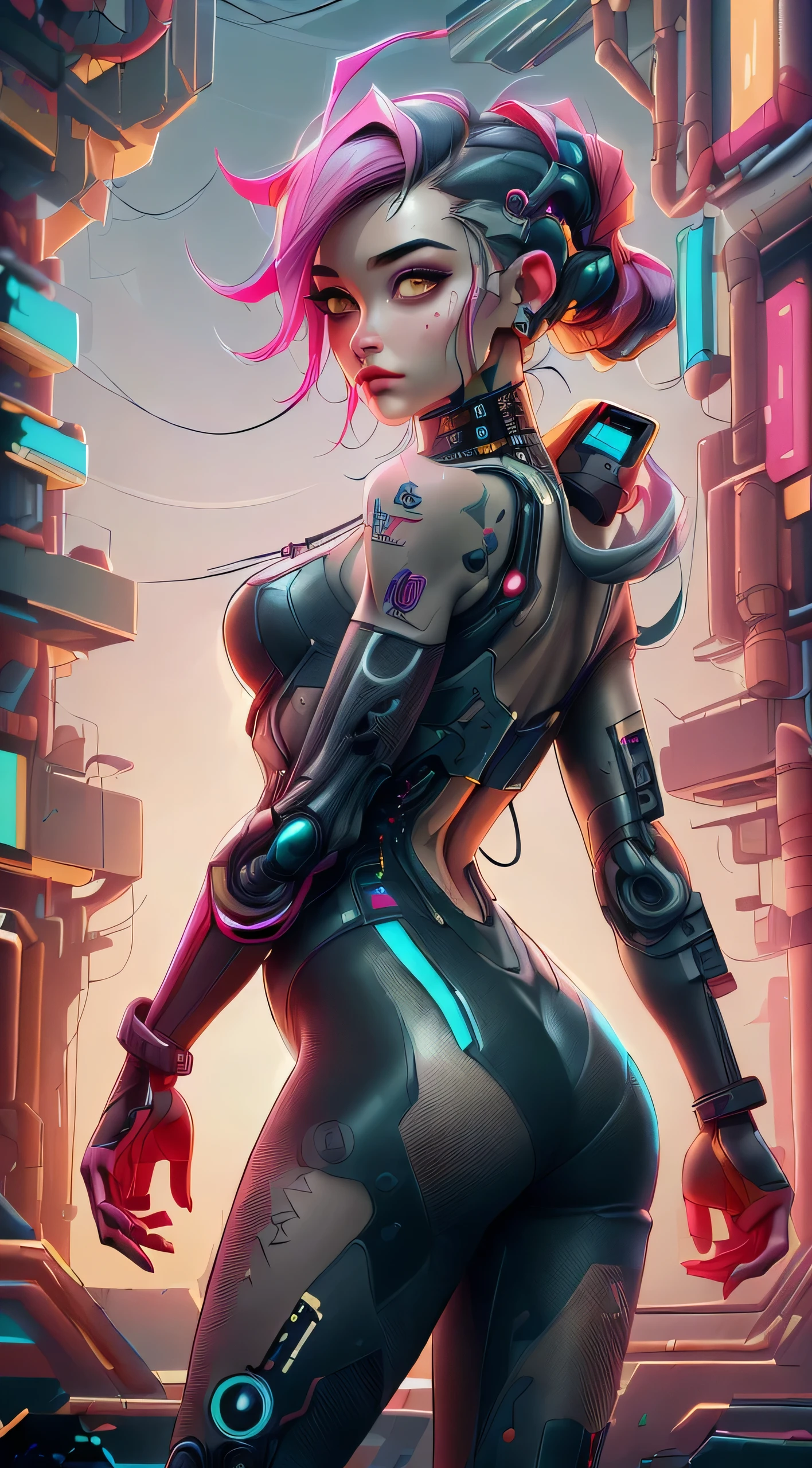 ((Long shot: 1.4, dynamic pose: 1.4)), (( 1 young woman alone:1.5)), (( beautiful, sensual and self-confident: 1.5)), (( brown eyes light and bright, cyberpunk hair:1.5)), ((ultra detailed:1.5)), sensual smile, beautiful full and shiny lips, with tattoo on arm and cheek, handsome hairstyle:1.2, cyberpunk, handsome cyberpunk, dreamer, (( beautiful and detailed hair, soft and shiny:1.3)), dark atmosphere, cyberpunk clothing, ultra-realistic 8k, cyberpunk 20 years. a model child, the portrait, highly detailed 32k digital art, beautiful digital artwork, Cyborg Cyberpunk. ((colors, cyan, greens, pink, brown: 1.2)), 8k realistic digital art, soft neon lighting on the face and body, ((highly detailed: 1.4), ((masterpiece)), (hyper detailed and beautiful: 1.3), (Photorealistic: 1.4)