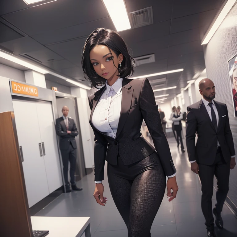 Beautiful African American mix Melanesian woman, (26 years old), MMA trainer, (((business attire, very professional business suit for women))), fit body, (muscles:1.2), athletic feminine body, female fitness model body, office elevator, masterpiece, perfect lighting, uhd, 8k, portrait, smart, confident, Inspirational, woman of black origin, fair skin, heterochromatic eyes, (skin texture), skin pores, shallow depth of field, sharp eye focus, backlit, tapered nose, standing, full body, news anchor room,Thin, woman suit, standing, full body, fortitude, tmasterpiece, professional photo
