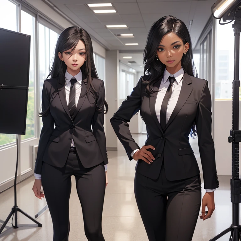 Beautiful African American mix Melanesian woman, (26 years old), MMA trainer, (((business attire, very professional business suit for women))), fit body, (muscles:1.2), athletic feminine body, female fitness model body, office elevator, masterpiece, perfect lighting, uhd, 8k, portrait, smart, confident, Inspirational, woman of black origin, fair skin, heterochromatic eyes, (skin texture), skin pores, shallow depth of field, sharp eye focus, backlit, tapered nose, standing, full body, news anchor room,Thin, woman suit, standing, full body, fortitude, tmasterpiece, professional photo