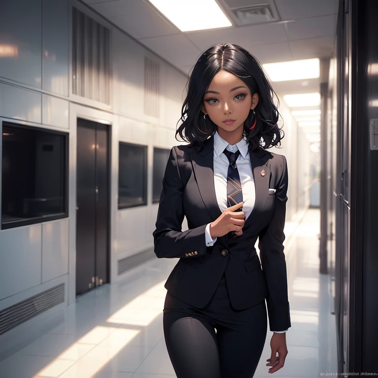 Beautiful African American mix Melanesian woman, (26 years old), MMA trainer, (((business attire, very professional business suit for women))), fit body, (muscles:1.2), athletic feminine body, female fitness model body, office elevator, masterpiece, perfect lighting, uhd, 8k, portrait, smart, confident, Inspirational, woman of black origin, fair skin, heterochromatic eyes, (skin texture), skin pores, shallow depth of field, sharp eye focus, backlit, tapered nose, standing, full body, news anchor room，Thin, woman suit, standing, full body, fortitude, tmasterpiece, professional photo