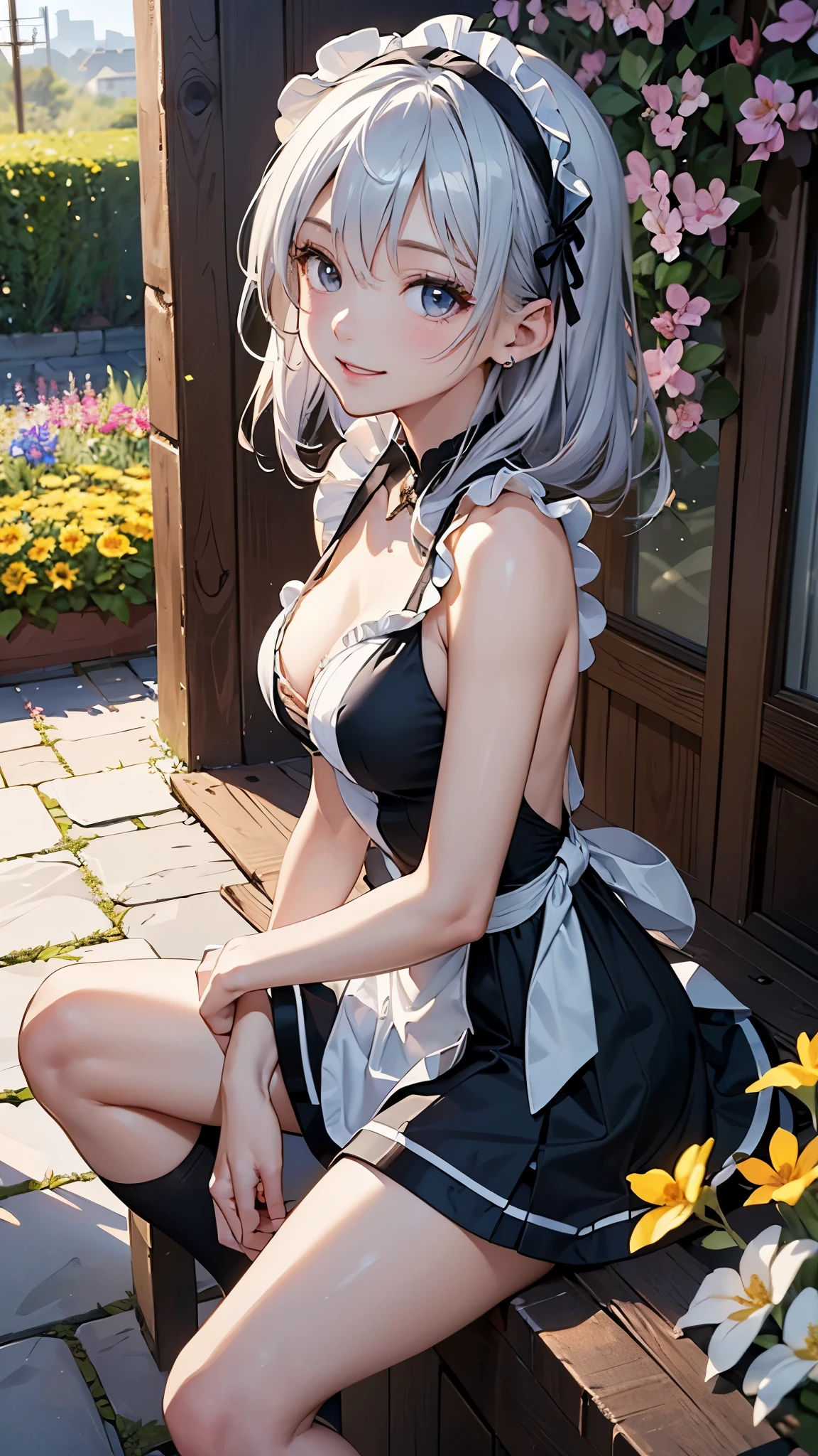 ((masterpiece、highest quality、High resolution、8K,Highly detailed animated illustrations))、((attractive girl))、silver hair、shortcut、smile、black eyes、detailed eyes、white headband、break、Black backless maid outfit、long skirt、Head to knee、From the side、sit elegantly、A gorgeous garden filled with blooming flowers、aerial perspective、