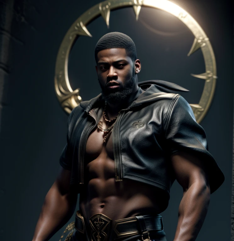 Strong blessed Warrior soul embodiment of peace, love, patience, bravery, courage, compassion, confidence, masculine, cancer sun, zodiac, Sagittarius moon in natal chart, Libra ascendant, man, Deep dark Blue hazey aura flowing around body, black man, brown skin, attractive, muscular, warm radiant essence, divine presence, Godly, Divine, grace, high resolution photo, 4k, 8k, high quality, anime, hetero, straight, dark haircut, Jay Z Style of clothing, 50 Cent energy, Hip Hop, son of Rhea Ripley, genetics, African American, melanin skin, full beard