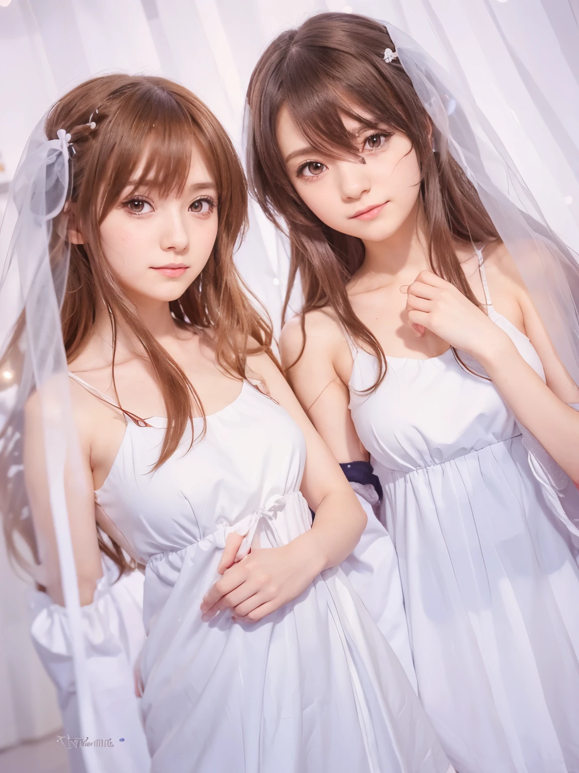 anime image of two women in white dresses standing in front of a curtain, two beautiful anime girls, anime moe artstyle, twins, ecchi anime style, sisters, kantai collection style, visual novel cg, flowing white robes, in anime style, identical twin sisters