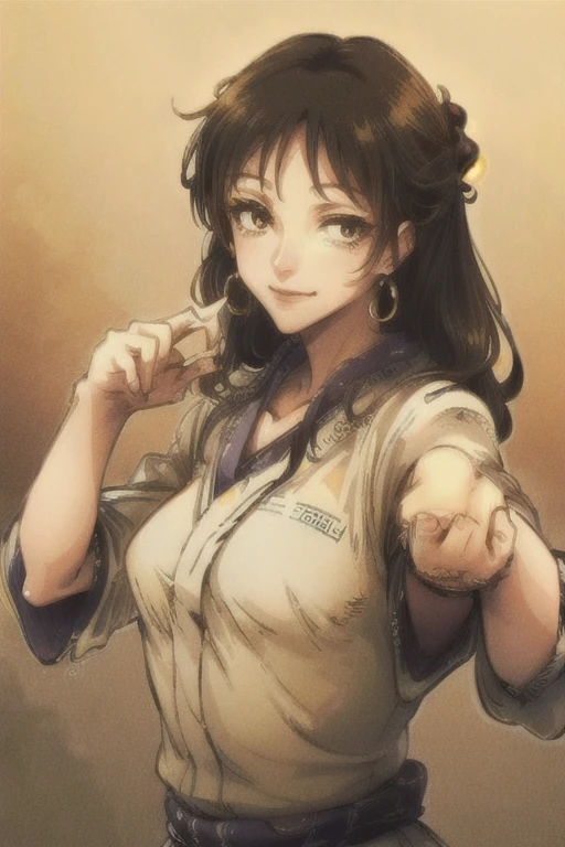 ((best quality)), ((masterpiece)), (detailed), perfect face, full body,fighting_stance, cursed energy. looking at viewer,smile,nudef, brown hair, brown eyes, long hair, looking at viewer, solo, upper body, closed mouth, small breasts, kimono
