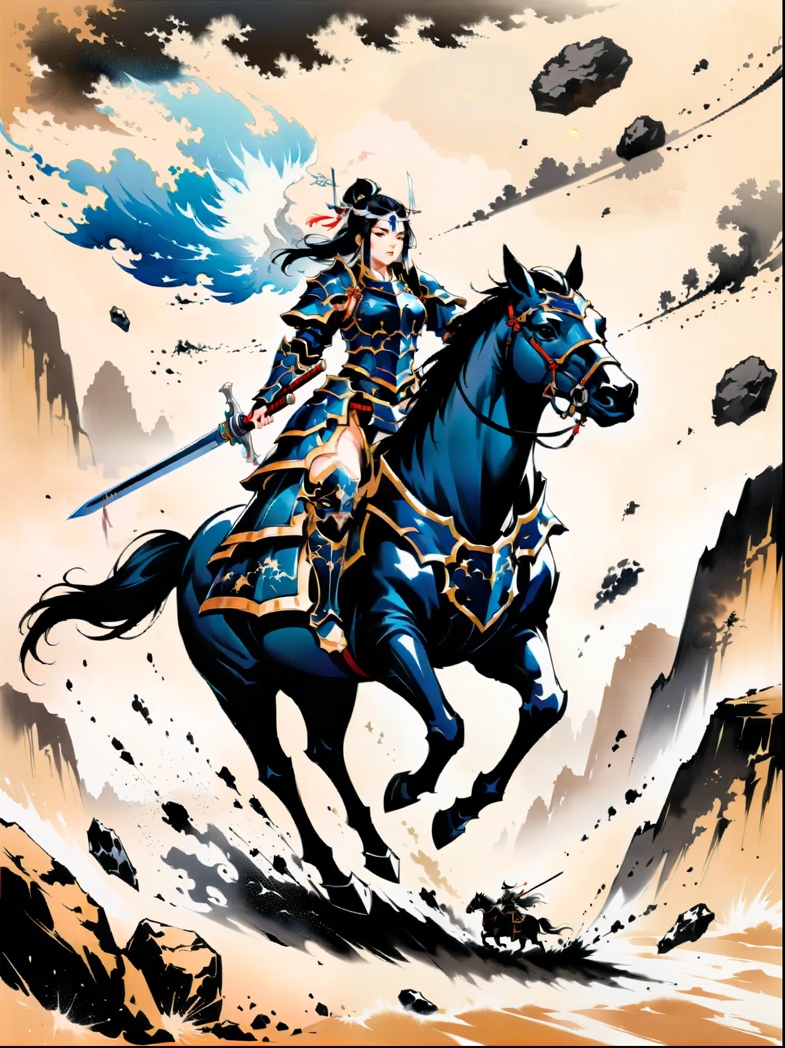 Ink painting,((imagine)),((whole body)),((Beautiful woman wearing dark blue Warring States armor)), (Anatomically correct and precise facial structure, detailed facial depiction, and delicate facial features),on a black horse, 机械手臂握着长sword, A desert behind you,sword,Flying sand and rocks, Ink martial arts style, (anatomically correct),Ultra HD resolution,Freehand style,majestic,Natural light,(first-person view, masterpiece, ccurate, anatomically correct, high details, best quality, 8k)