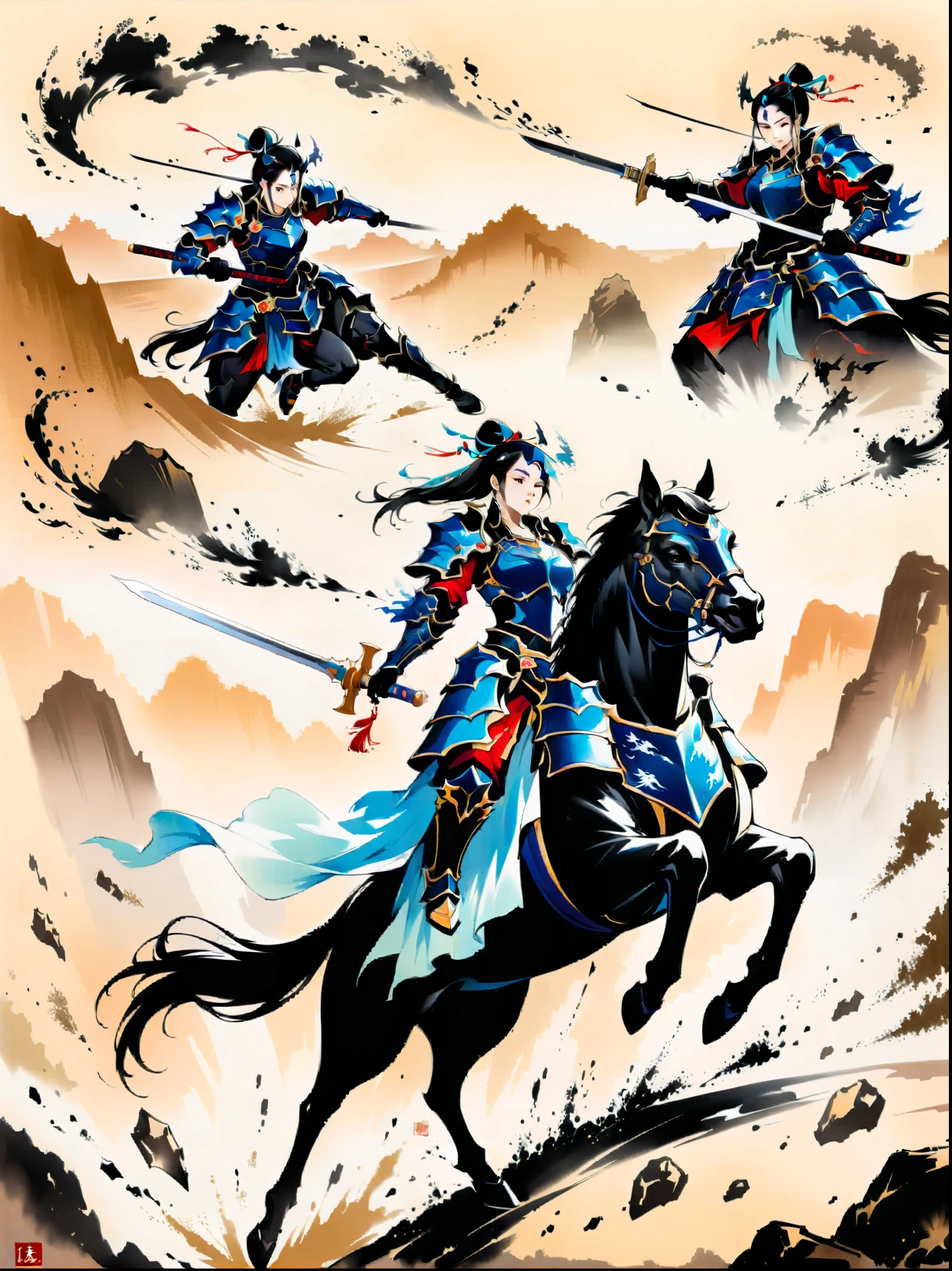 Ink painting,((imagine)),((whole body)),((Beautiful woman wearing dark blue Warring States armor)), (Anatomically correct and precise facial structure, detailed facial depiction, and delicate facial features),on a black horse, 机械手臂握着长sword, A desert behind you,sword,Flying sand and rocks, Ink martial arts style, (anatomically correct),Ultra HD resolution,Freehand style,majestic,Natural light,(first-person view, masterpiece, ccurate, anatomically correct, high details, best quality, 8k)