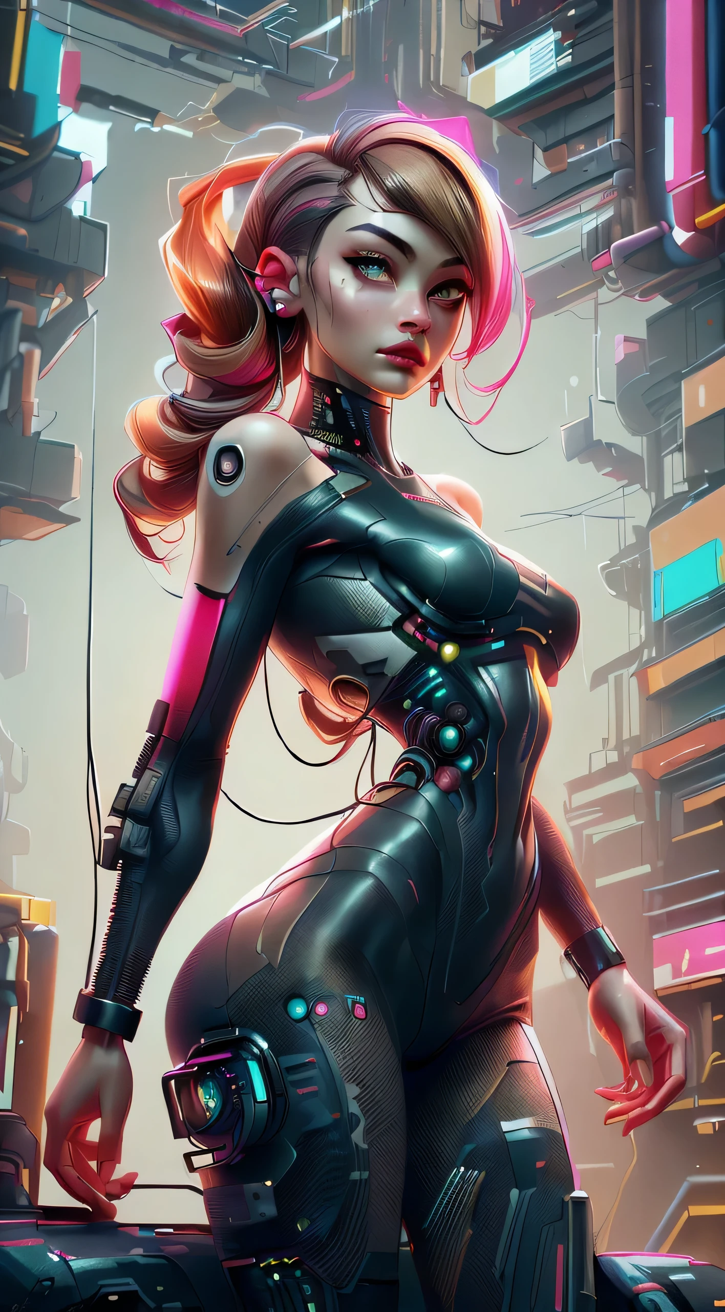 ((Long shot: 1.4, dynamic pose: 1.4)), (( 1 young woman alone:1.5)), (( beautiful, sensual and self-confident: 1.5)), (( brown eyes light and bright, cyberpunk hair:1.5)), ((ultra detailed:1.5)), sensual smile, beautiful full and shiny lips, with tattoo on arm and cheek, handsome hairstyle:1.2, cyberpunk, handsome cyberpunk, dreamer, (( beautiful and detailed hair, soft and shiny:1.3)), dark atmosphere, cyberpunk clothing, ultra-realistic 8k, cyberpunk 20 years. a model child, the portrait, highly detailed 32k digital art, beautiful digital artwork, Cyborg Cyberpunk. ((colors, cyan, greens, pink, brown: 1.2)), 8k realistic digital art, soft neon lighting on the face and body, ((highly detailed: 1.4), ((masterpiece)), (hyper detailed and beautiful: 1.3), (Photorealistic: 1.4)