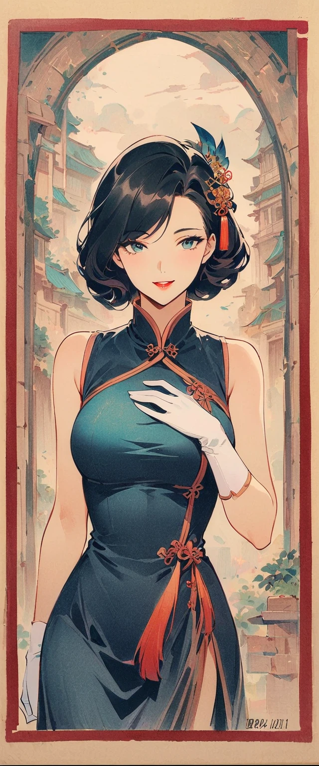 Retro电影风格，1940s，Lin Mingmei, 1 girl, alone, monochrome, looking at the audience, hair accessories, Chinese traditional clothing cheongsam, curls, traditional media, sign, Bangs, cosmetic, 1 Hand on chest, black hair, lipstick, artist name, bridal gloves, sleeveless, ancient building, wooden building, Retro, nostalgia, elegant posture, Smile, Delicate shoes, whole body, Shadows and Highlights，微妙的Retro电影颗粒。