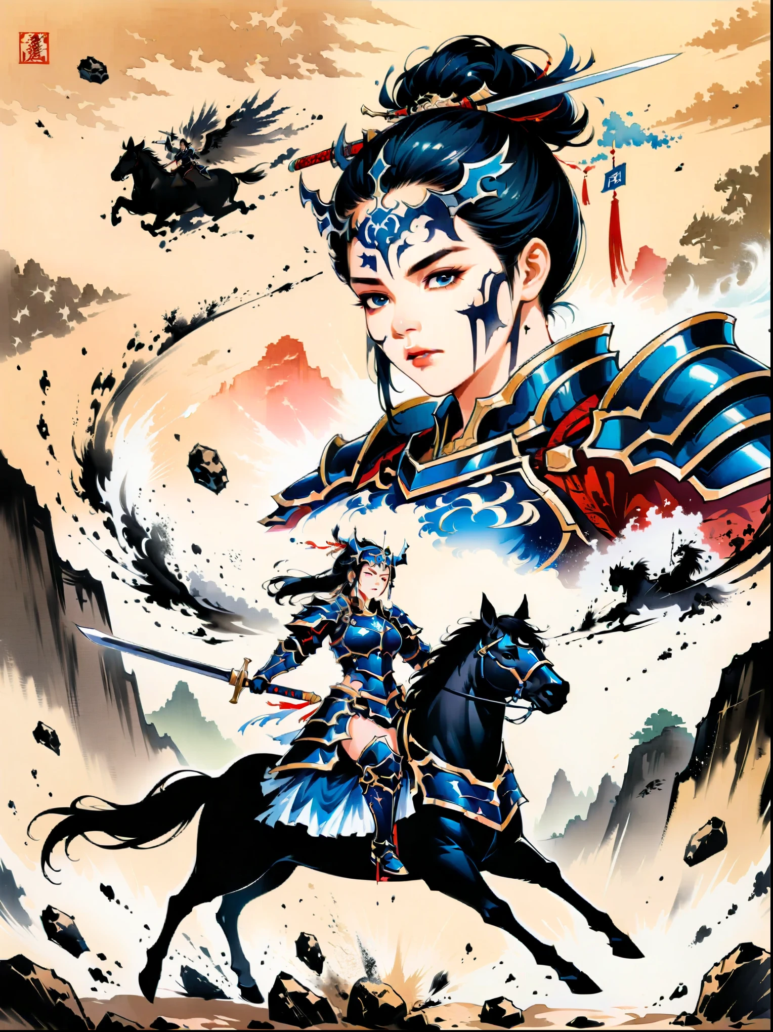 Ink painting，((imagine))，((whole body))，((Beautiful woman wearing dark blue Warring States armor)), (Anatomically correct and precise facial structure, detailed facial depiction, and delicate facial features)，on a black horse, 机械手臂握着长sword, A desert behind you，sword，Flying sand and rocks, Ink martial arts style,  (anatomically correct)，Ultra HD resolution，Freehand style，majestic，Natural light，(first-person view, masterpiece, ccurate, anatomically correct, high details, best quality, 8k)