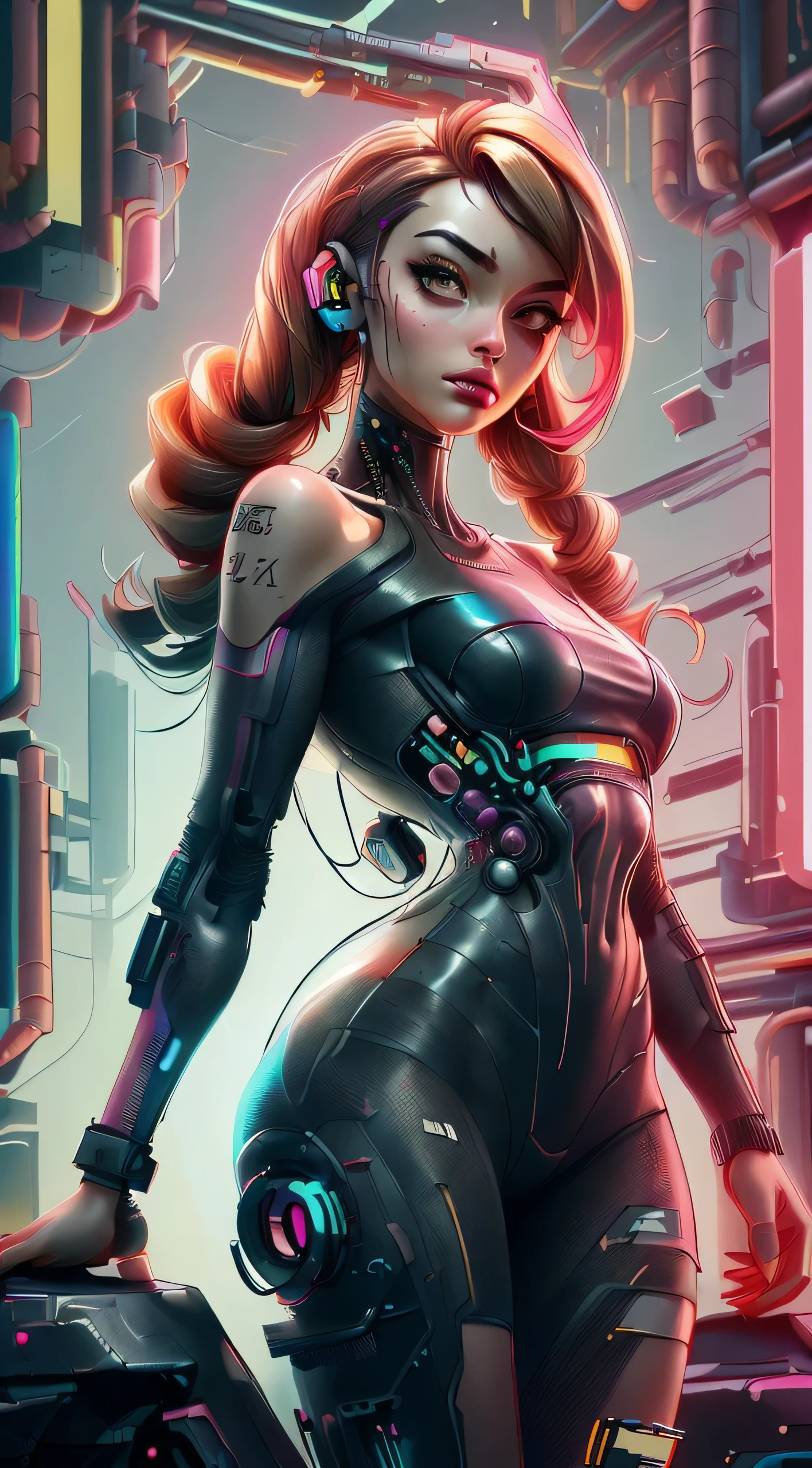 ((Long shot: 1.4, dynamic pose: 1.4)), (( 1 young woman alone:1.5)), (( beautiful, sensual and self-confident: 1.5)), (( brown eyes light and bright, cyberpunk hair:1.5)), ((ultra detailed:1.5)), sensual smile, beautiful full and shiny lips, with tattoo on arm and cheek, handsome hairstyle:1.2, cyberpunk, handsome cyberpunk, dreamer, (( beautiful and detailed hair, soft and shiny:1.3)), dark atmosphere, cyberpunk clothing, ultra-realistic 8k, cyberpunk 20 years. a model child, the portrait, highly detailed 32k digital art, beautiful digital artwork, Cyborg Cyberpunk. ((colors, cyan, greens, pink, brown: 1.2)), 8k realistic digital art, soft neon lighting on the face and body, ((highly detailed: 1.4), ((masterpiece)), (hyper detailed and beautiful: 1.3), (Photorealistic: 1.4)