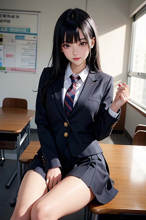 1 beautiful girl, Korean high school student, black hair, long silky hair, black eyes, thin lips, round face, big bust covered by a Korean school suit, tie tied around her neck, high school skirt, sitting on top of the desk, inside a empty classroom, captivating eyes, affectionate smile, alone in class, detailed art, morning setting