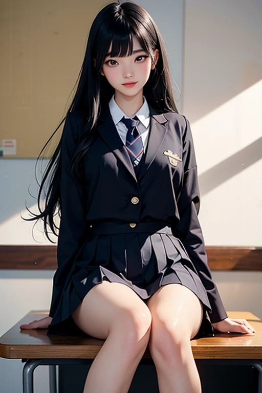 1 beautiful girl, Korean high school student, black hair, long silky hair, black eyes, thin lips, round face, big bust covered by a Korean school suit, tie tied around her neck, high school skirt, sitting on top of the desk, inside a empty classroom, captivating eyes, affectionate smile, alone in class, detailed art, morning setting