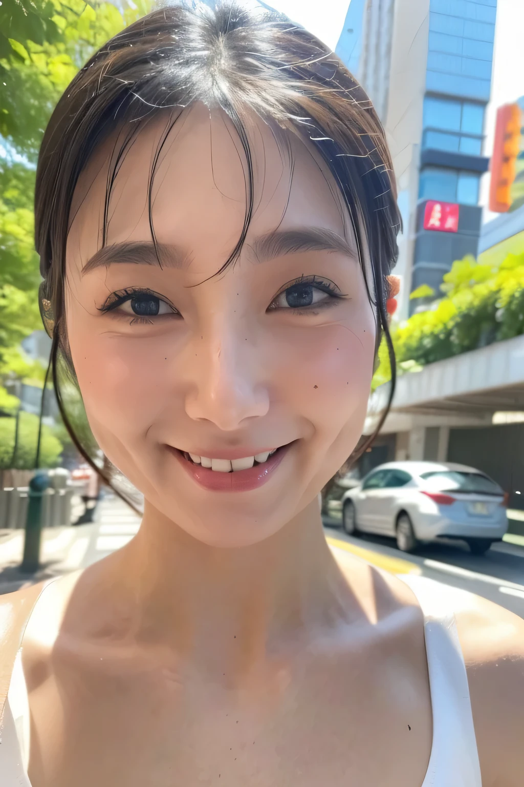 NSFW:1.5,((highest quality、8K resolution、master masterpiece、portrait:1.3)), Photoreal, 35mm film, 1 Japanese female、Upper body、on the street during the day, wrinkles around the eyes, plump body、smile,((white bra_panties:1.3)) , (outdoor:city street 1.3), jumbled background,look at the audience,Tokyo cityscape:1.3,smile