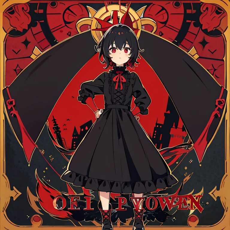 chica anime,with gothic black dress,pelo color rojo y botas negras,ojos de color rojo 