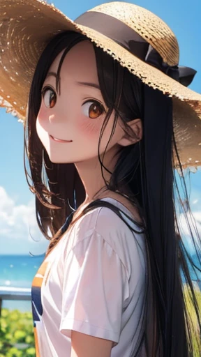 highest quality、realistic、Japanese、girl、zoom、look up、cute、orange eyes、long hair、black hair、all back、Forehead is coming out、T-shirt、long skirt、sneakers、straw hat、stroll、Ocean、joy、smilingly、face close up