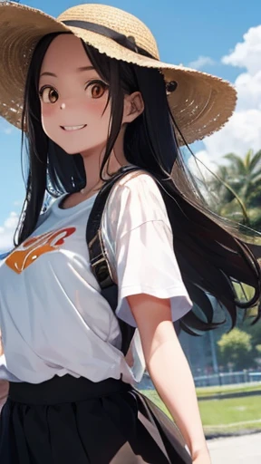 highest quality、realistic、Japanese、girl、zoom、look up、cute、orange eyes、long hair、black hair、all back、Forehead is coming out、T-shirt、long skirt、sneakers、straw hat、stroll、Ocean、joy、smilingly、face close up