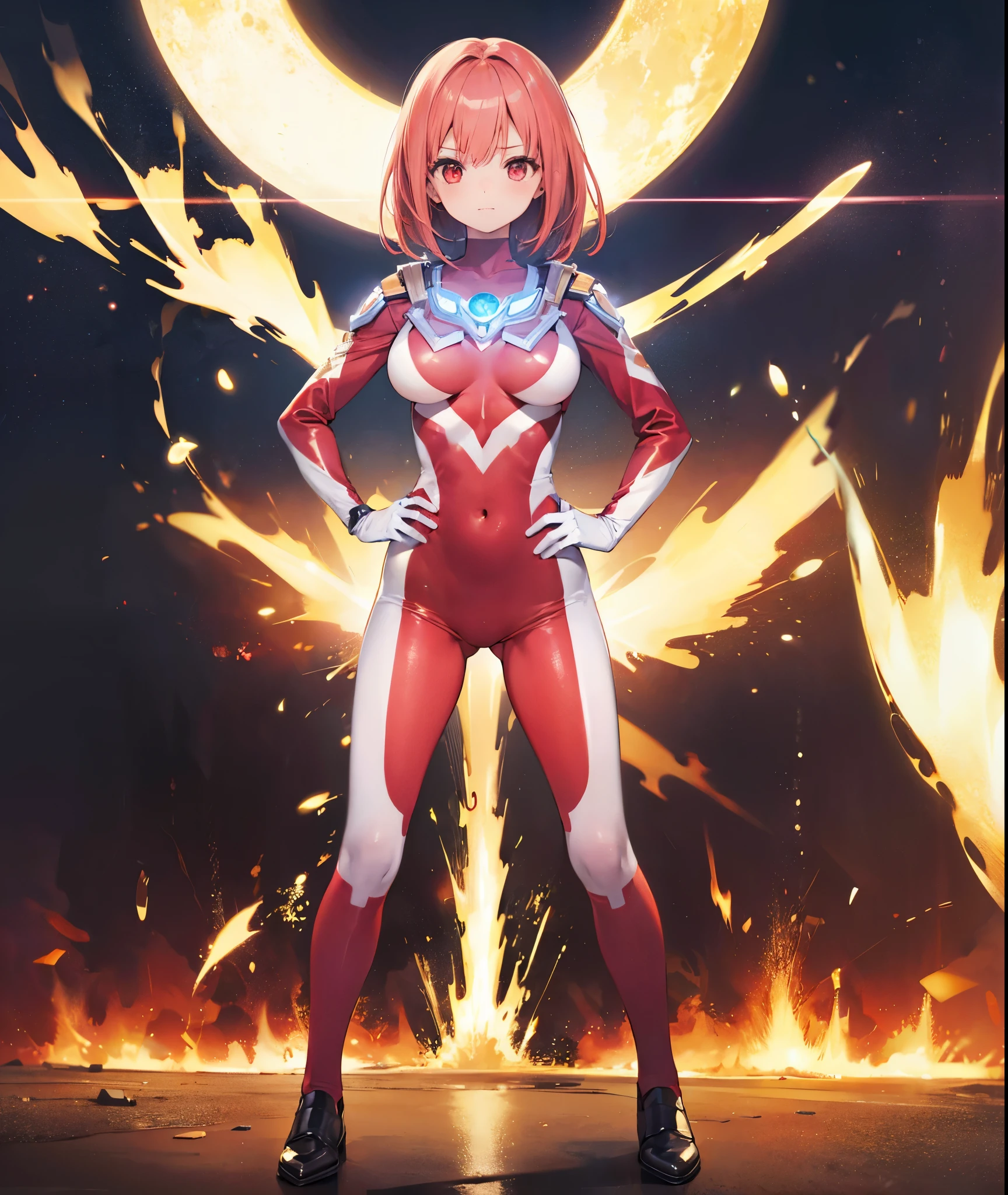 realistic,highest quality, ultra detail, High-quality CG rendering, The most delicate and beautiful, Floating gently, High resolution, (1 girl), (Highest image quality,4K,8K,masterpiece:1.2),(all red hair:1.5), (medium hair:1.5),(red eyes:1.5), (ultra girl:1.0), (red ultraman bodysuit:1.4),(slightly bigger breasts:1.5),Upper body,(clenched fist:1.2),(put both hands on hips:1.2), red gloves,red shoes