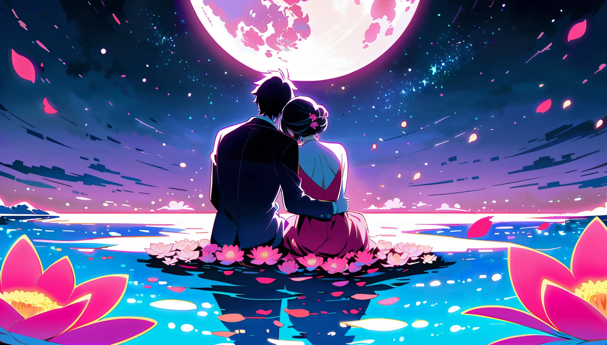 A couple sits on the edge of an endless sea made entirely of pink lotus flowers, with their backs to each other and facing away. The bright moon shines before them, creating a romantic atmosphere. This is illustrated in the style of anime art with a touch of illustration. It features vibrant colors and a night scene, with neon lights shining through the petals. One hand holds a bouquet of roses, while another person holds hands with their lover, focusing on their face.