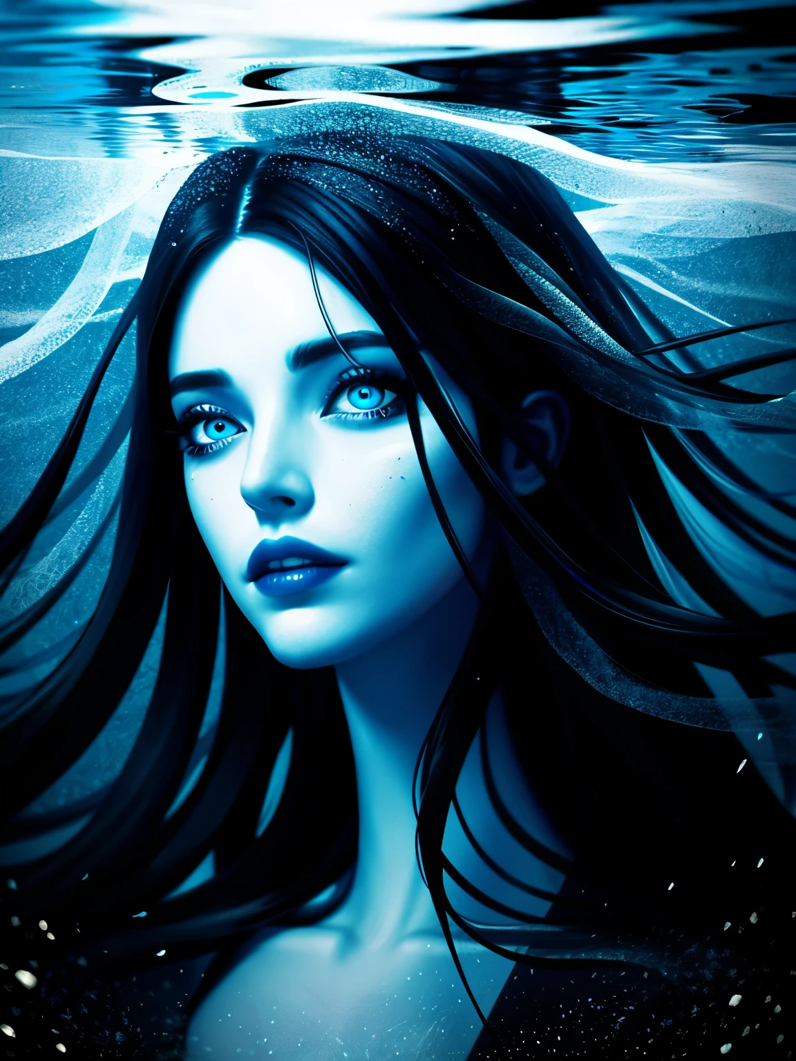 a beautiful dark-haired woman in black and white is surrounded by BLUE paint that flows like smoke. She has her head tilted back while floating underwater, creating an ethereal atmosphere. Your face reflects intense emotions of pain or sadness, increasing its mysterious allure. Olhos abertos