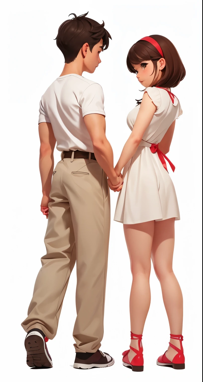 a couple of people hold hands and looking at each other, romance novel cover, author：Toko Shinoda, Kenton Nelson, author：Teraoka Takemori, Artem and Gil Elfgren, hold hands, official art, White background, couple, Full body close-up, intertwined full body view, Man and woman walking together