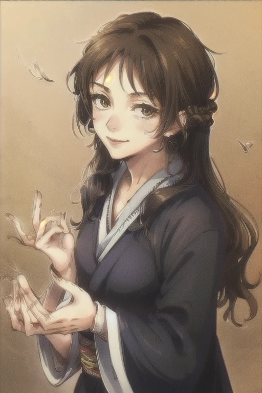 ((best quality)), ((masterpiece)), (detailed), perfect face, full body,fighting_stance, cursed energy. looking at viewer,smile,nudef, brown hair, brown eyes, long hair, looking at viewer, solo, upper body, closed mouth, small breasts, kimono
