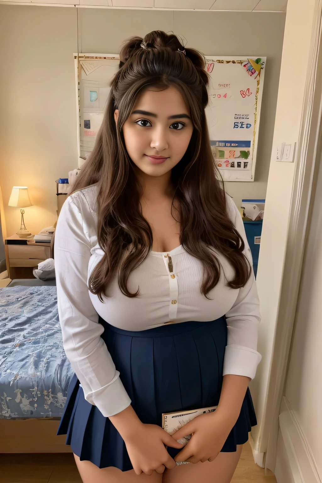 Bedroom photo of 26yo  in school school photo in school masterpiece, (photorealistic:1.4), best quality, beautiful lighting,Eleanor Pakistani girl 20yo Old Big Breasts Plus Size Model Bun lHair Bun Hair Long extremely curly Hair Lifts Skirt Up Raised Skirt