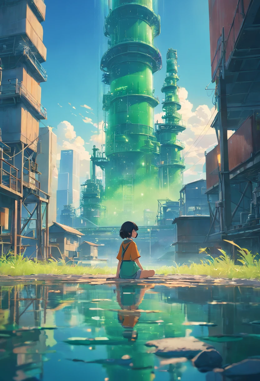 dreamlikeart, A girl, a researcher at a petrochemical plant, sits atop a tower made of glass. She stands in the middle of a big and muddy lake filled with phlogon. The water beneath shows a dramatic green-colored river running through it. There are burning ropes and stones, splashing water, sunken city below. It feels like home. Cinematic lighting, Cinematic Movie Photograph, Arri Alexa, Extremely Detailed, smooth, very very clean, 8K, octane render, maya render, unreal engine, trending on artstation, DSLR, excellent composition, center frame