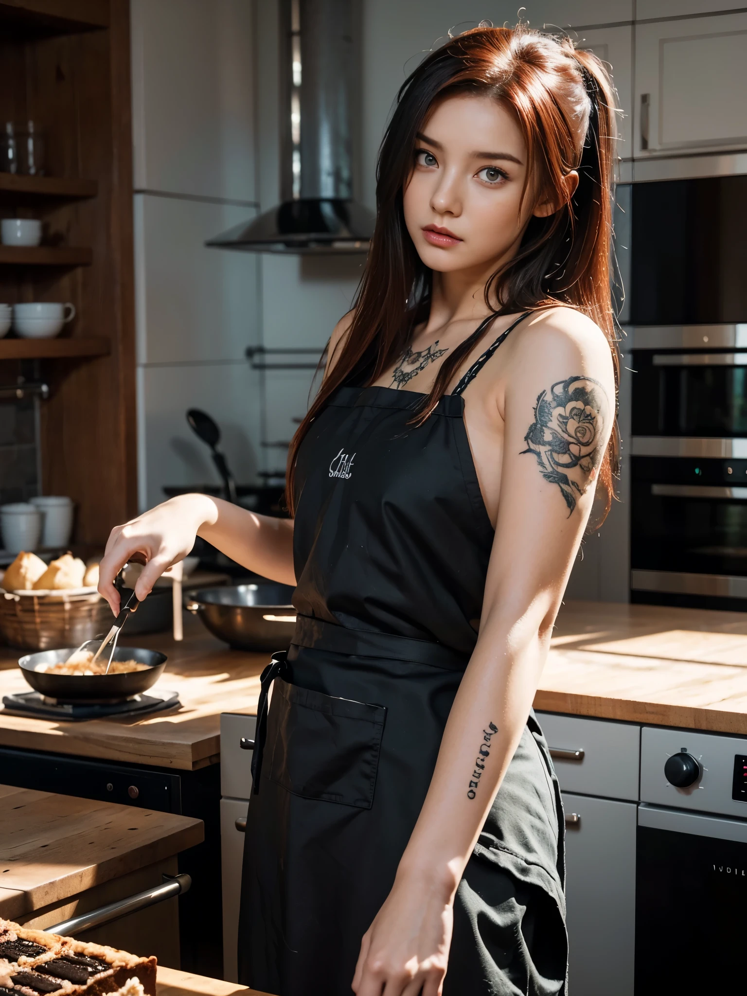 a woman with tattoo, (([red|black] hair)), long hair, wearing a black apron,  cooking, look at viewer, kitchen, cake and pie on background,  indoors, (soothing tones:1.0), (hdr:1.25), (artstation:1.2), dramatic, (intricate details:1.14), (hyperrealistic 3d render:1.16), (filmic:0.55), (rutkowski:1.1), (faded:1.3)