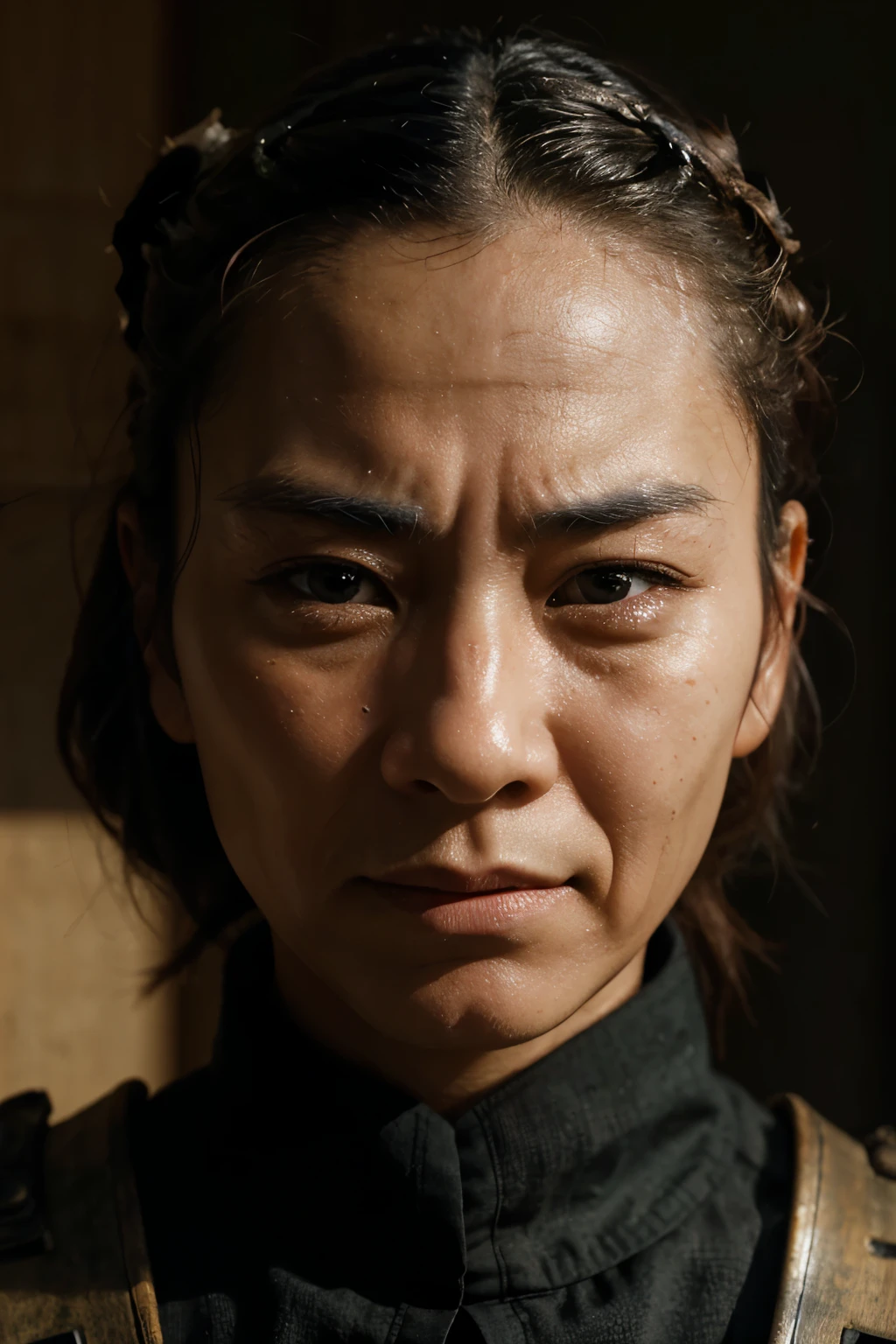 Realistic ultra HD close-up portrait,A samurai wearing a war mask, Wrinkles ,Facial expressions show strong emotions