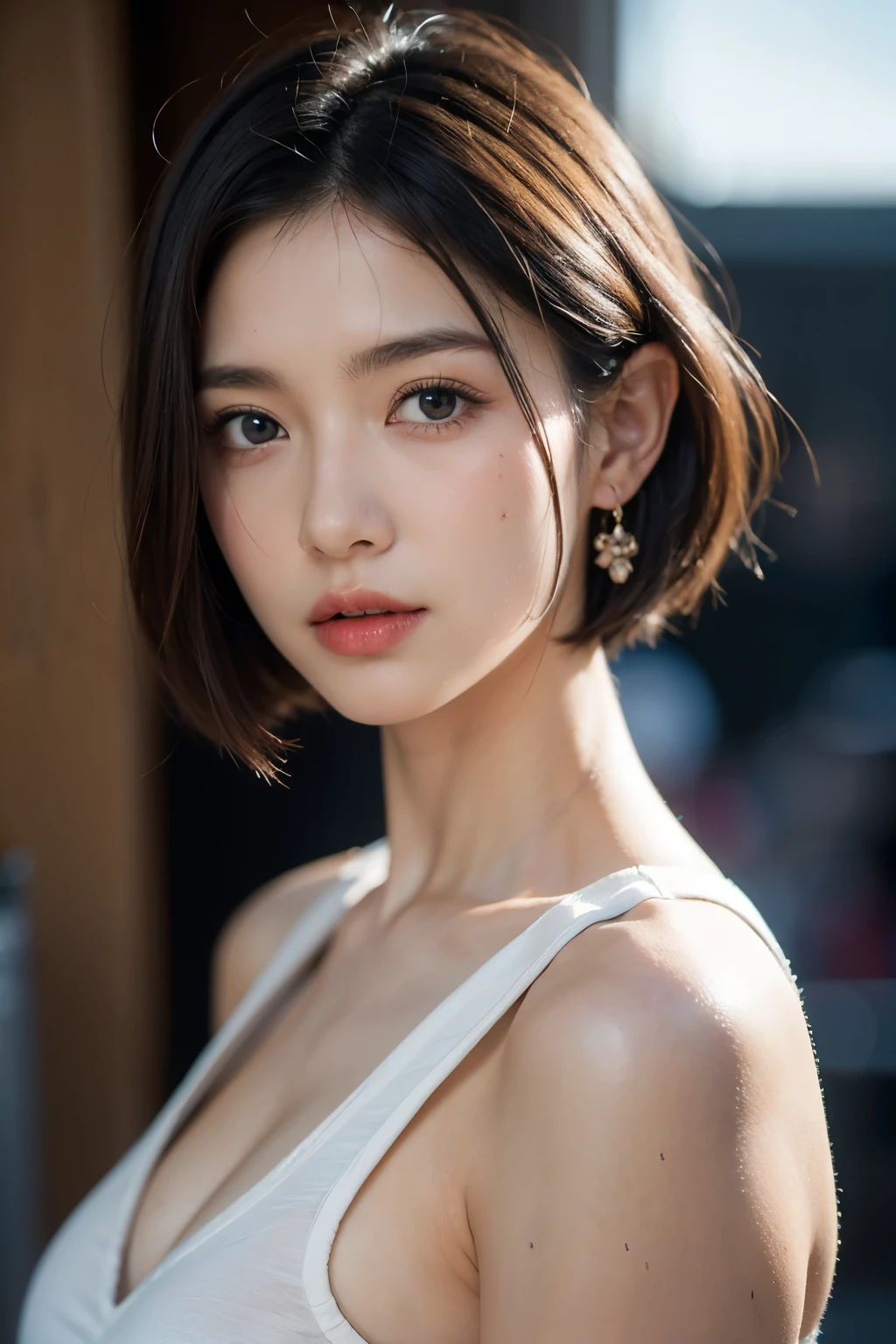 tight black top:1.2, looking at the audience, movie lighting, perfection, soft light, high resolution skins:1.2, realistic skin texture, realistic face, Drop your shoulders, Bare grooves, blue eyes, short hair, dark brown hair、small face、bust B cup、