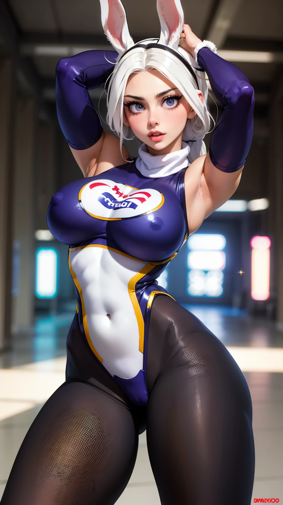 highres, realistic 1girl, (like Tatiana Badiu & sunnyrayyxo), (solo), (Mirko) in cammy_white_(cosplay), rabbit_girl, ((dark_skin)), red_eyes, ((white_hair)), very_long_hair, long_eyelashes, ((large_breasts)), (huge saggy breasts), curvy muscular, sexy body, stunning sexy, underbust, abs, covered_abs, curvy, ((thick_thighs)), thighs, toned, smile, teeth, upper_teeth_only, body paint (white_leotard body paint), ((highleg, highleg_leotard, taut_leotard)), blue_gloves, blue_headwear, beret, hat, chest_strap, (thigh_strap), thigh_holster, holster, camouflage, bodypaint, gloves, ((sleeveless_turtleneck_leotard)), braid, twin_braids, low_twin_braids, ahoge, huge_ahoge, (looking_at_viewer, hands_up, rabbit_pose, armpits), bare_shoulders, ((ass_visible_through_thighs)) (skindentation, rabbit_ears)