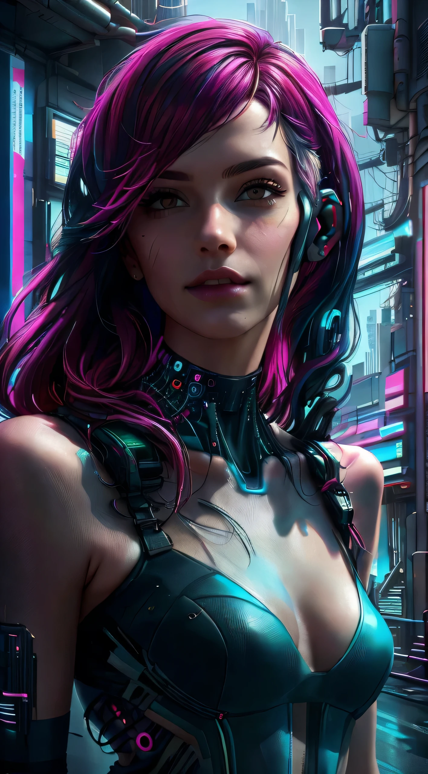 ((Long shot: 1.4, dynamic pose: 1.4)), (( 1 young woman alone:1.5)), (( beautiful, sensual and self-confident: 1.5)), (( brown eyes light and bright, cyberpunk hair:1.5)), ((ultra detailed:1.5)), sensual smile, beautiful full and shiny lips, with tattoo on arm and cheek, handsome hairstyle:1.2, cyberpunk, handsome cyberpunk, dreamer, (( beautiful and detailed hair, soft and shiny:1.3)), dark atmosphere, cyberpunk clothing, ultra-realistic 8k, cyberpunk 20 years. a model child, the portrait, highly detailed 32k digital art, beautiful digital artwork, Cyborg Cyberpunk. ((colors, cyan, greens, pink, brown: 1.2)), 8k realistic digital art, soft neon lighting on the face and body, ((highly detailed: 1.4), ((masterpiece)), (hyper detailed and beautiful: 1.3), (Photorealistic: 1.4)