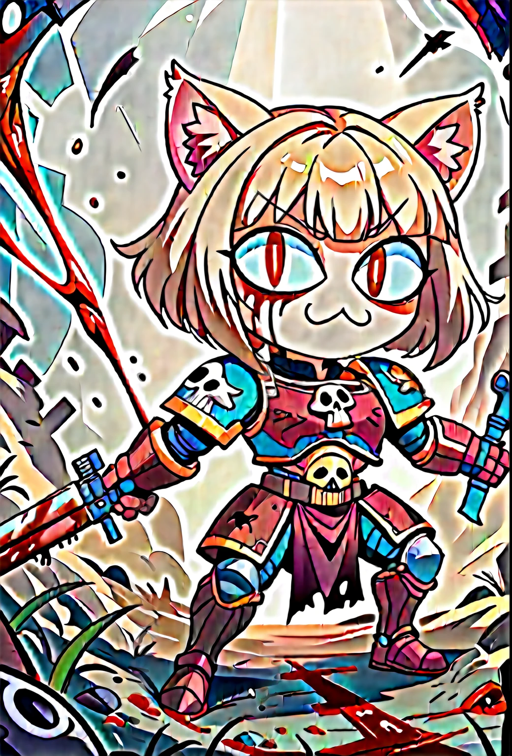 score_9, score_8_up, score_7_up, score_6_up,score_5_up,score_4_up, BREAK, necoarcslit pupils, chibi, cat ears, blonde hair, red eyes, enraged, khornate berzerker covered in blood, blood on face, blood on armor, battlefield, pile of skulls, full shot, warhammer 40k