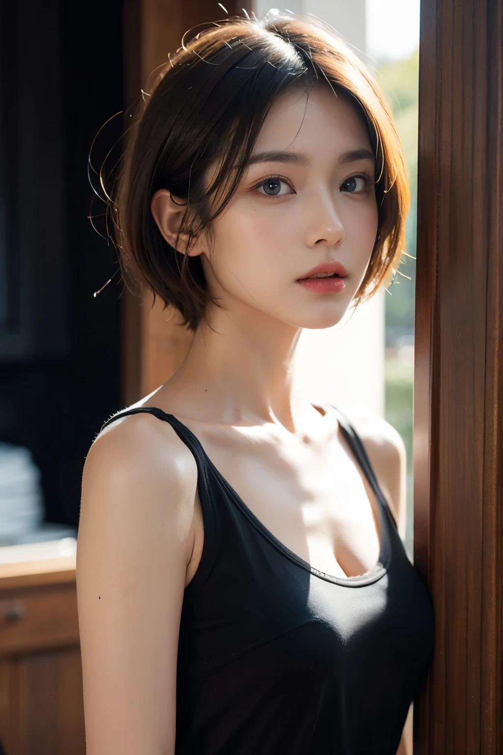 tight black top:1.2, looking at the audience, movie lighting, perfection, soft light, high resolution skins:1.2, realistic skin texture, realistic face, Drop your shoulders, Bare grooves, blue eyes, short hair, dark brown hair、small face、bust B cup、