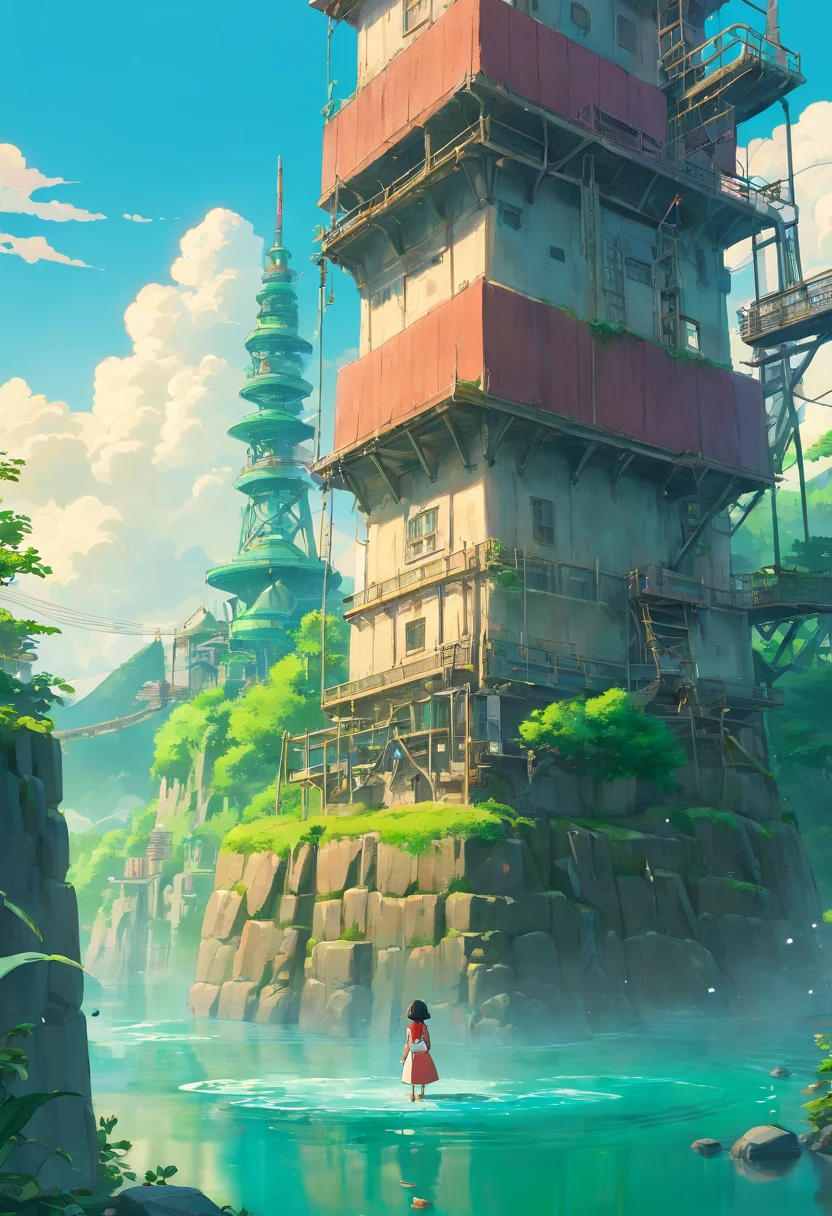 dreamlikeart, A girl, a researcher at a petrochemical plant, sits atop a tower made of glass. She stands in the middle of a big and muddy lake filled with phlogon. The water beneath shows a dramatic green-colored river running through it. There are burning ropes and stones, splashing water, sunken city below. It feels like home. Cinematic lighting, Cinematic Movie Photograph, Arri Alexa, Extremely Detailed, smooth, very very clean, 8K, octane render, maya render, unreal engine, trending on artstation, DSLR, excellent composition, center frame
