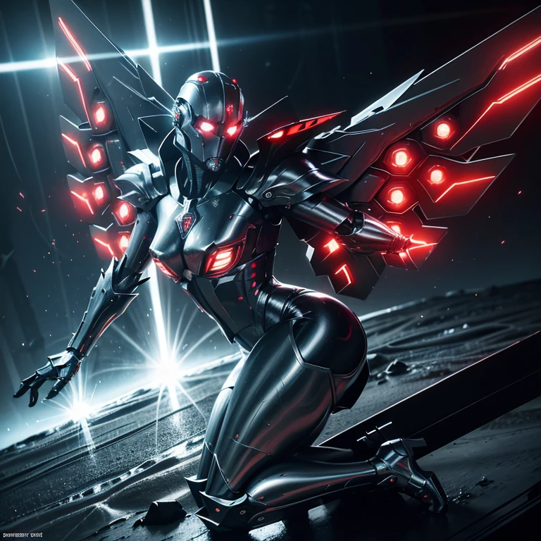 mechanical girl,　Shiny metallic skin,　Mechanical and metal body parts,Metallic cyber helmet with mechanical ears,Very large saggy chest armor，Sexy metal body，red glowing eyes, A devilish metal body，Black, crow-like metal wings grow from the shoulder blades.，Red and black metal body，[methodical, surgical precision],　Cyberpunk style background,science fiction art style,bright colors,High resolution,Super detailed,realistic lighting effects,Bokeh，floating in the air，In combat,Taken at the best angle