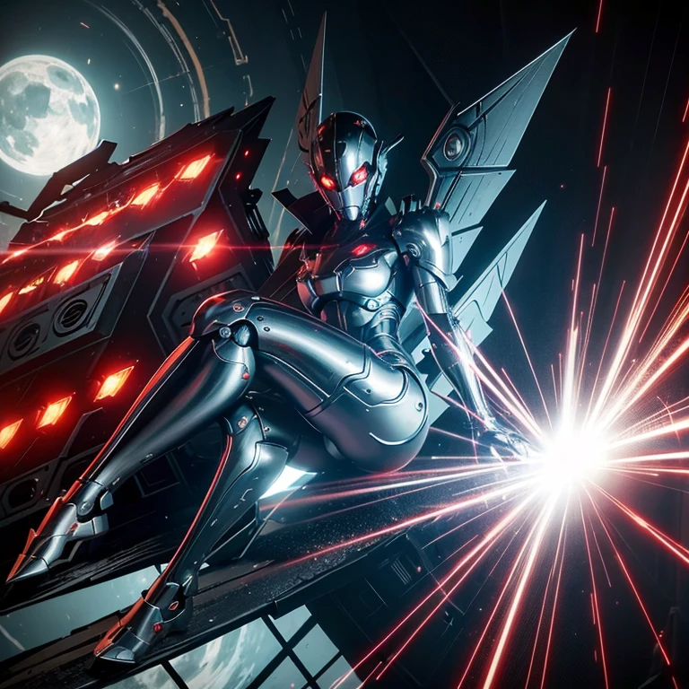 mechanical girl,　Shiny metallic skin,　Mechanical and metal body parts,Metallic cyber helmet with mechanical ears,Very large saggy chest armor，Sexy metal body，red glowing eyes, A devilish metal body，Black, crow-like metal wings grow from the shoulder blades.，Red and black metal body，[methodical, surgical precision],　Cyberpunk style background,science fiction art style,bright colors,High resolution,Super detailed,realistic lighting effects,Bokeh，floating in the air，In combat,Taken at the best angle