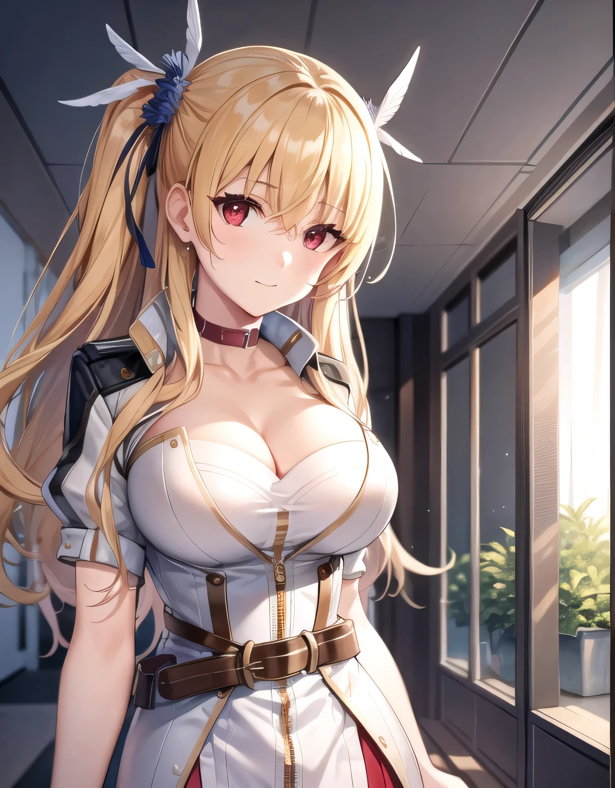 alisa reinford,side ponytail,sen3alisa,scrunchie,choker,white jacket,white dress,red belt,indoor room,light smile,(large breasts:1.5),shiny,hair,((solo)),((masterpiece)),((best quality)),perfect anatomy,slim waist,perfect image,8k UHD,(beautiful detailed eyes:1.5),extremely detailed face,standing,(upper body:1.1),(look at the front:1.1),arms behindback,ultra-detailed,absurdres,highres,(shiny hair),(red eyes),blonde hair,cleavage,