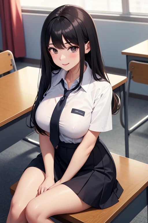 1 beautiful girl, Korean high school student, black hair, long silky hair, black eyes, thin lips, round face, big bust covered by a Korean school suit, tie tied around her neck, high school skirt, sitting on top of the desk, inside a empty classroom, captivating eyes, affectionate smile, alone in class, detailed art, morning setting