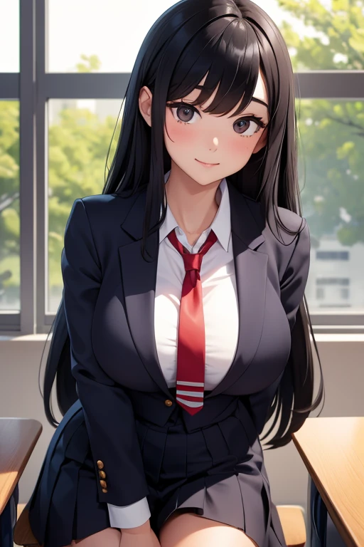 1 beautiful girl, Korean high school student, black hair, long silky hair, black eyes, thin lips, round face, big bust covered by a Korean school suit, tie tied around her neck, high school skirt, sitting on top of the desk, inside a empty classroom, captivating eyes, affectionate smile, alone in class, detailed art, morning setting