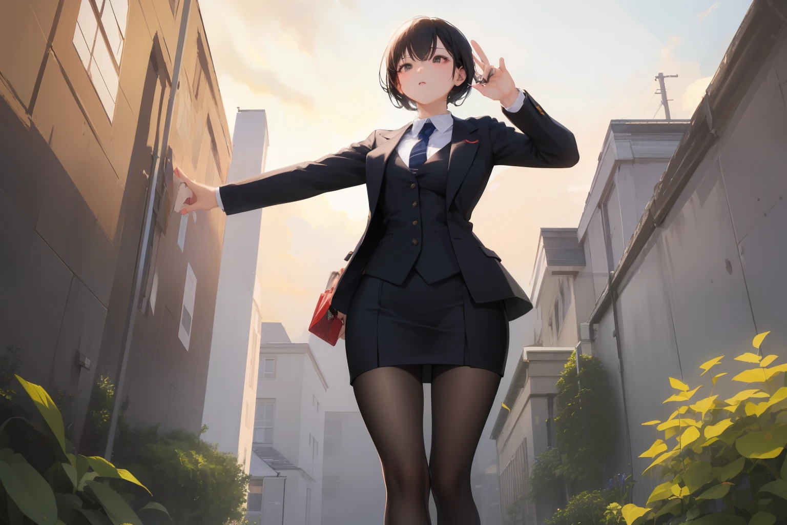 ((highest quality)), ((masterpiece)), (be familiar with) perfect face、 OL、office style、business suit、black jacket、white cutter shirt、Black vest、black knee length pencil skirt、pantyhose、DIANA black high heel pumps、garden、Walking around looking for insects、looking down、looking at my feet、Draw the toes of the pumps、Zoom image of shoes、The angle where the insect looks up at this woman from below、