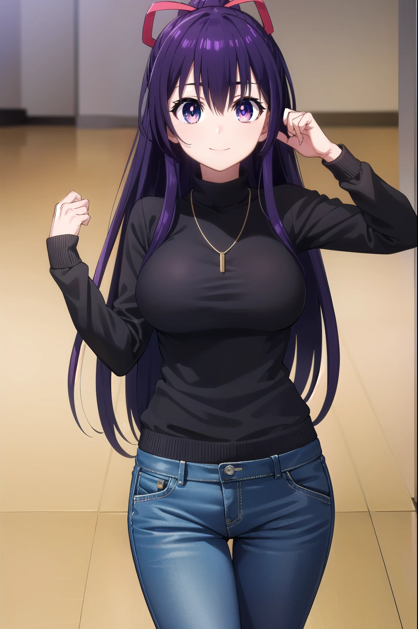 tohkayatogami, tohka yatogami casual, long hair, purple hair, alluringly smile , knit sweater ,tight sweater, horizontal line on sweater, turtle neck, ,necklace, ribbon , denim trousers, purse (purple eyes:1.1), hair ribbon, ponytail, purple hair, white ribbon, g cup breasts, bewitched thighs, slender waist, plump butt , high heels
BREAK ,
BREAK indoors, office, alone,
BREAK looking at viewer, seduce poses, hand on head, leaning (cowboy shot:1.5),
BREAK (masterpiece:1.2), best quality, high resolution, unity 8k wallpaper, (illustration:0.8), (beautiful detailed eyes:1.6), extremely detailed face, perfect lighting, extremely detailed CG, (perfect hands, perfect anatomy),