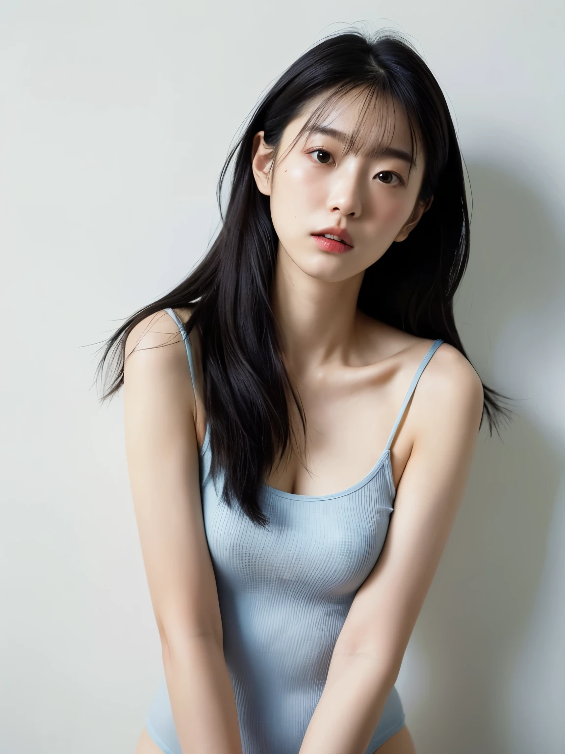 see-through tops、、camisole、(背景にwhite wall、Some of her hair is sky blue:1.4)、white wall、Taken in front of the white door、(窓のあるwhite wallの部屋)、((highest quality、8K、masterpiece:1.3))、ultra high resolution、(photogenuineistic:1.4)、RAW photo、Japanese,(face)、genuine、Photographed in natural light、Highly detailed face and skin texture、highly detailed lips、correct state of the human body、medium hair、black hair、whole body、tights