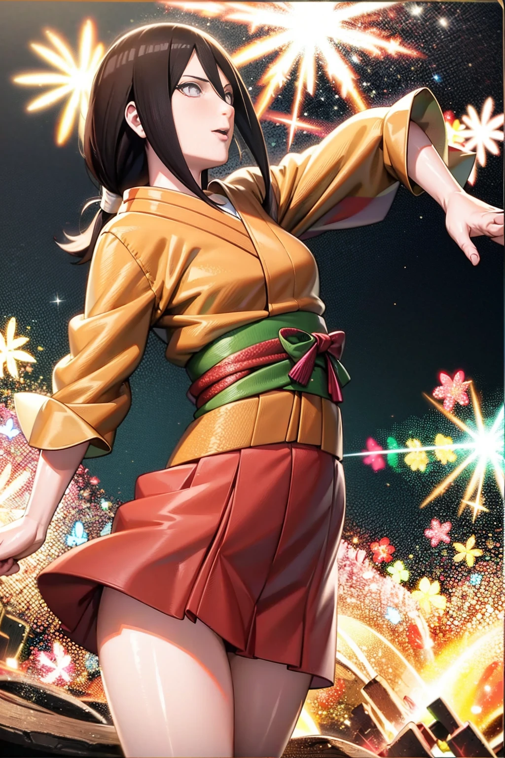 tmasterpiece， hoang lap ， （Complicated details）， （rich colourful）， movie lighting， bust， the Extremely Detailed CG Unity 8K Wallpapers ， Hinata flower ratio， 1girll， solo， orange kimono， Red hakama skirt， obi strip， Wide sleeves， looking at viewert， Keep one's mouth shut， ventania， Combat posture， Low hair tied long，w hotel，onbed，Lie on your stomach on the bed