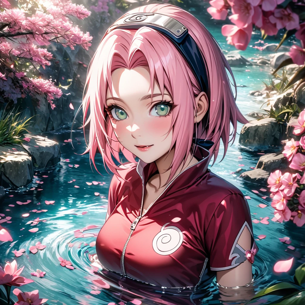 Ultra detailed, Highres, absurdres, HDR, Haruno Sakura, pink hair, Naruto Shippuden, flowers and pink petals, pink butterflies, water, extremely beautiful, 1 woman only,