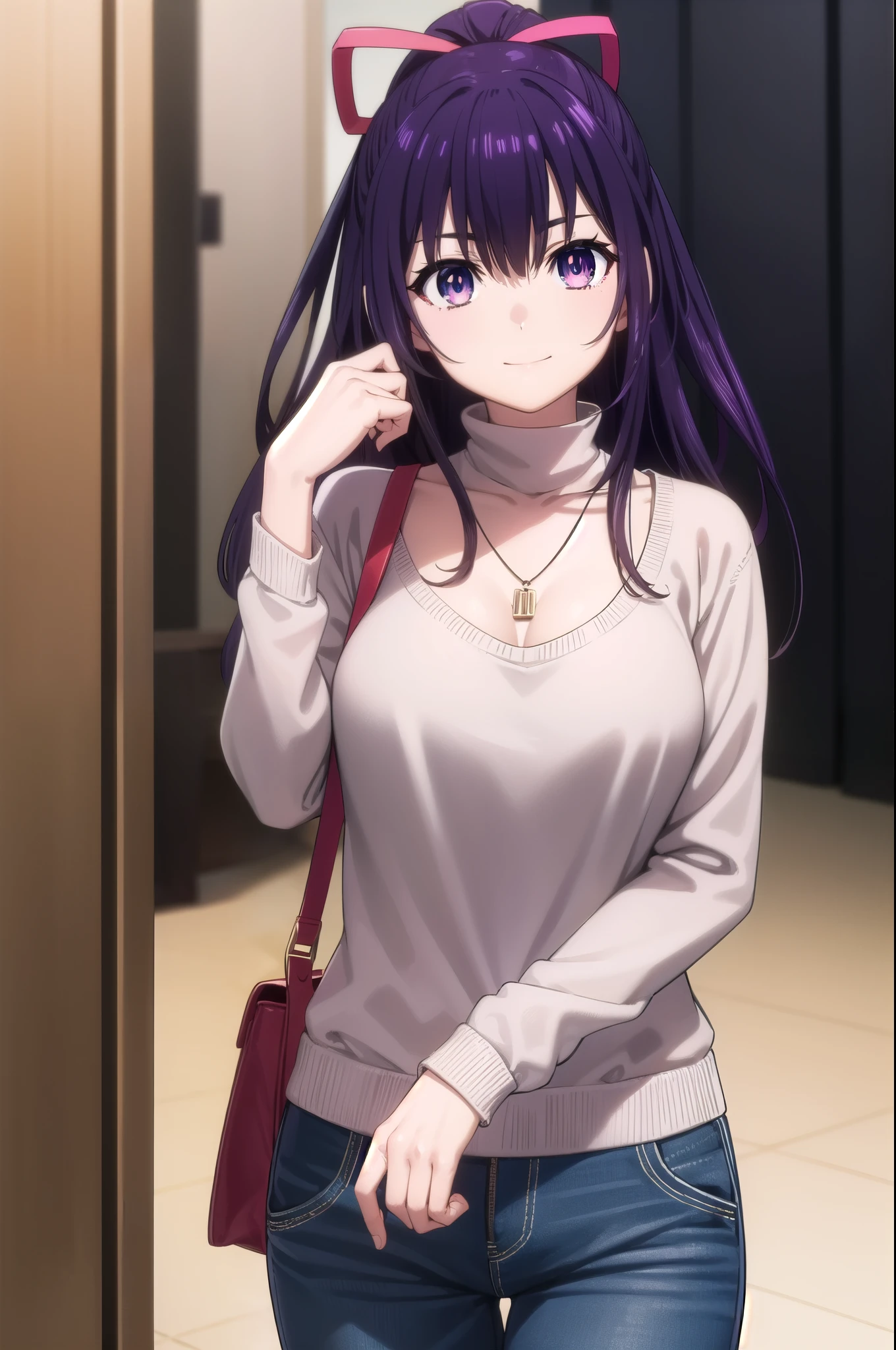 tohkayatogami, tohka yatogami casual, long hair, purple hair, alluringly smile , knit sweater ,tight sweater, horizontal line on sweater, turtle neck, ,necklace, ribbon , denim trousers, purse (purple eyes:1.1), hair ribbon, ponytail, purple hair, white ribbon, g cup breasts, bewitched thighs, slender waist, plump butt , high heels 
BREAK ,
BREAK indoors, office, alone, 
BREAK looking at viewer, seduce poses, hand on head, leaning (cowboy shot:1.5),
BREAK (masterpiece:1.2), best quality, high resolution, unity 8k wallpaper, (illustration:0.8), (beautiful detailed eyes:1.6), extremely detailed face, perfect lighting, extremely detailed CG, (perfect hands, perfect anatomy),